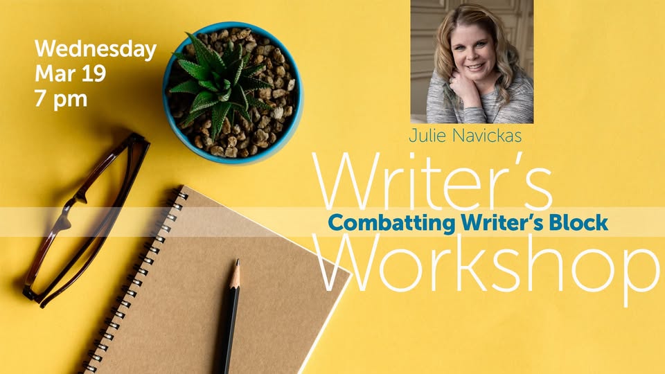 Julie Navickas portrait, journal, pencil, glasses, plant