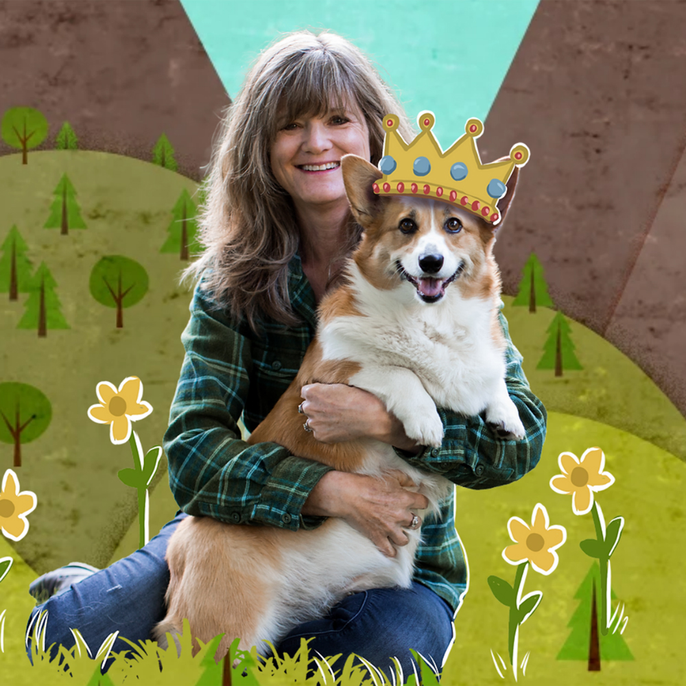 Suzanne Selfors portrait, dog wearing crown