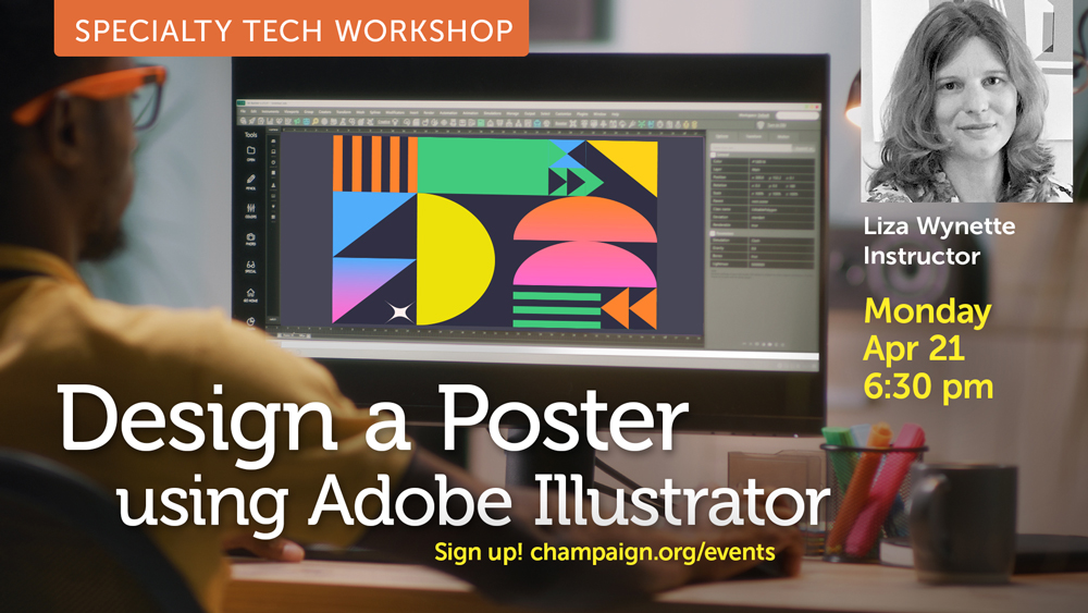 person in front of computer showing an abstract image, event information text plus instructor portrait