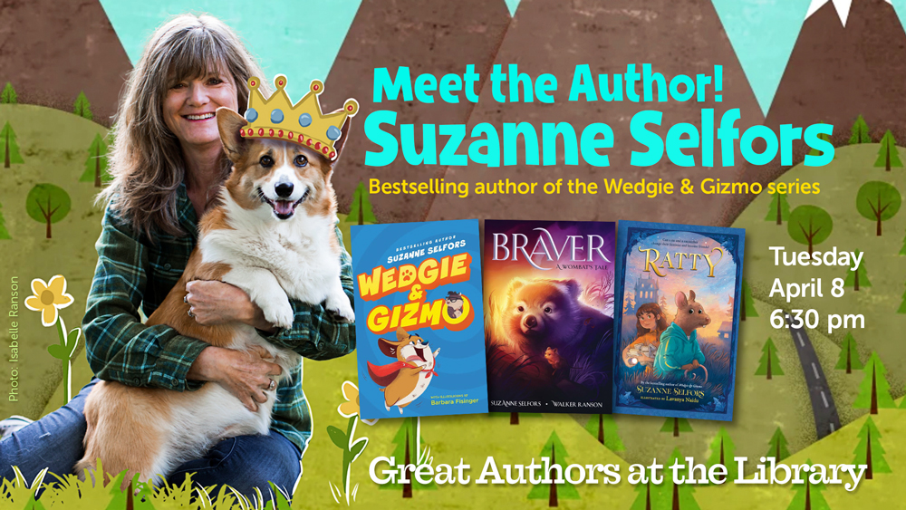 Suzanne Selfors holding her dog in her lap, book covers, event information