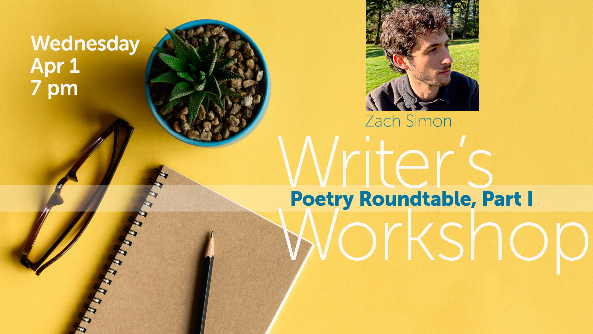 notebook, pencil, glasses, and a plant on yellow background, presenter portrait plus event information text