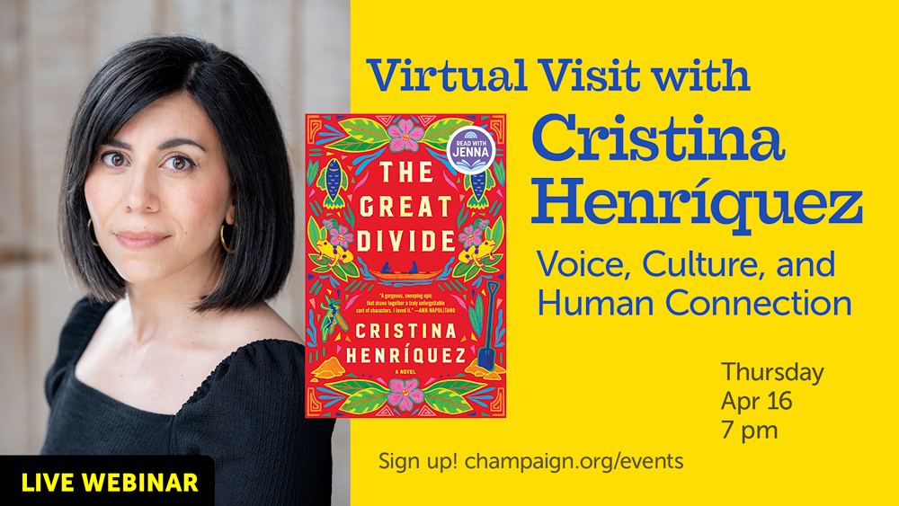 portrait of woman with colorful book cover and event info