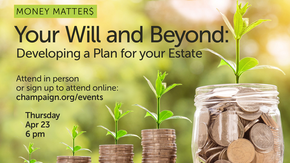 coins with growing plants background, smiling presenter photo, event text info
