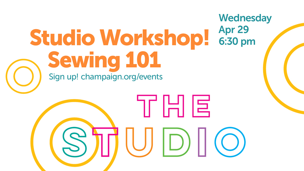 event text with The Studio logo, colorful lettering on white background with yellow decorative circles