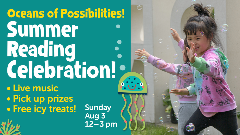 young girls smiling and chasing bubbles with event information text