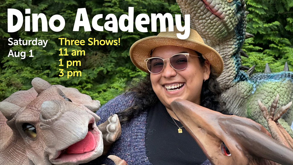 smiling woman with three large dinosaur puppets plus event information text