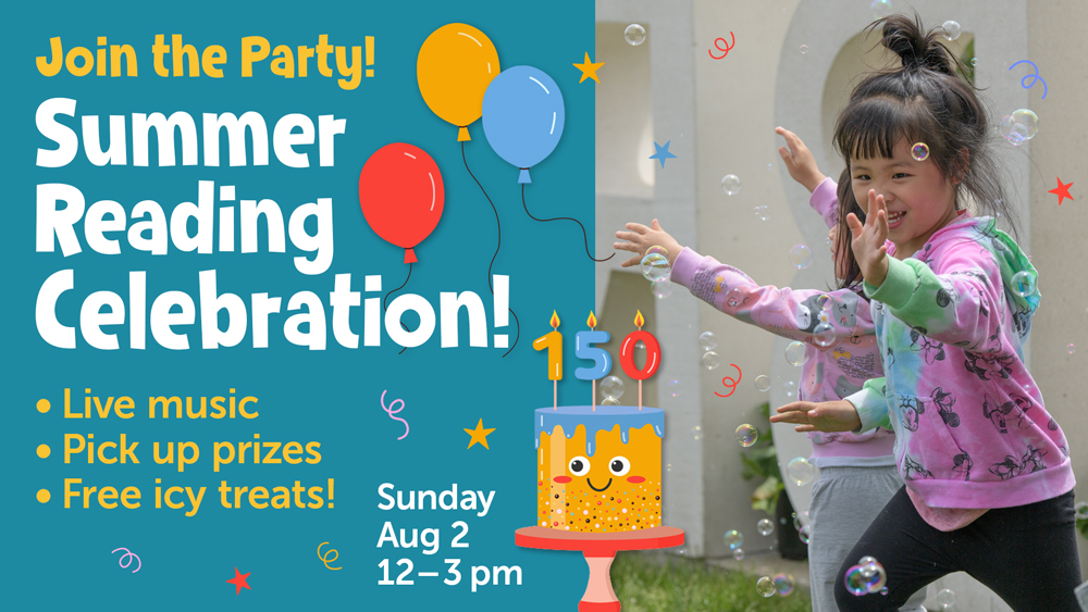 smiling children playing with bubbles along with an illustration of a smiling birthday cake, with event information text and blue background