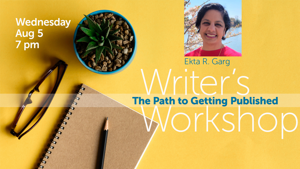 notebook, pencil, glasses, and a plant on yellow background, presenter portrait plus event information text
