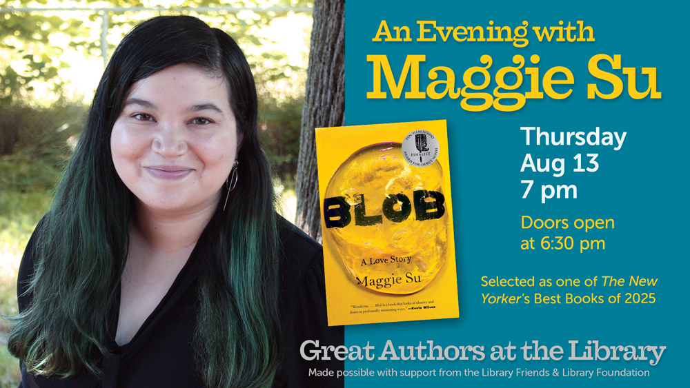 smiling woman in an outdoor setting on the left with book cover and event information text on a blue background on the right