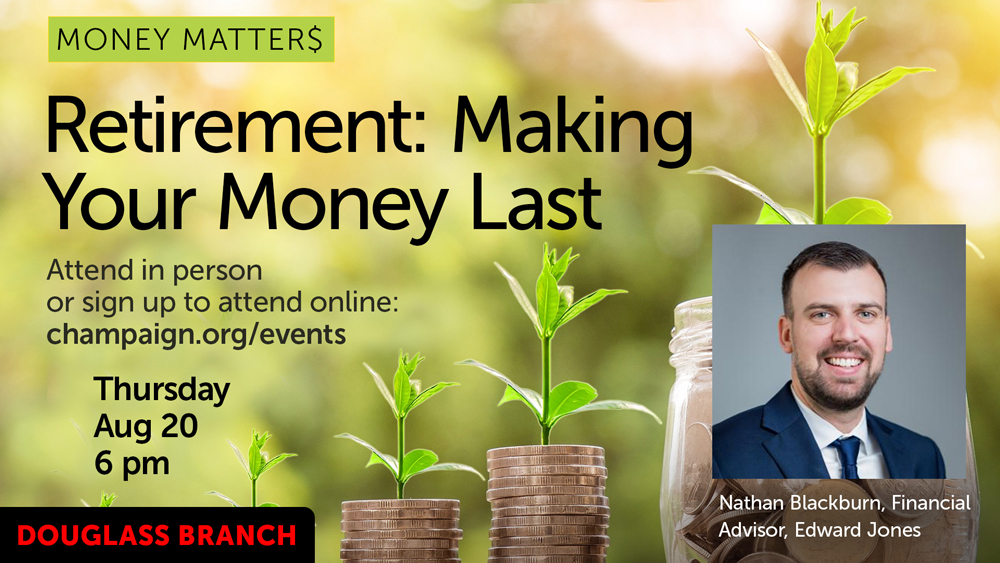 coins with growing plants background, smiling presenter photo, event text info