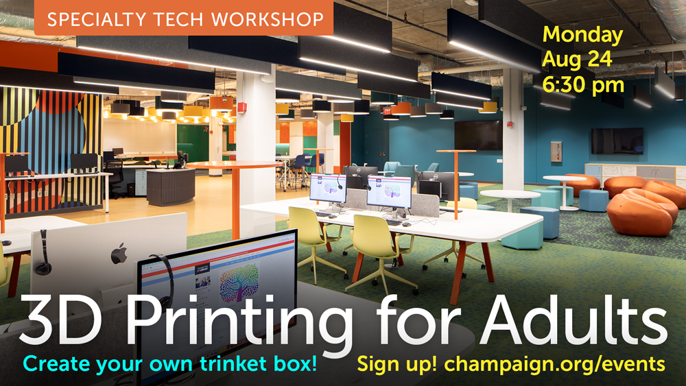 Photo of a colorful makerspace with event text information