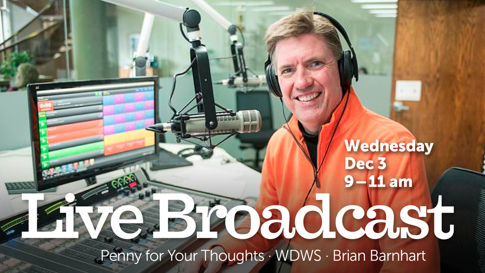 radio broadcaster with heaphones, smiling, with event text information