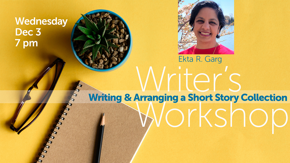 notebook, pencil, glasses, and plant on yellow background from above, with event text info