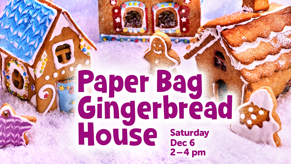 gingerbread houses and cookies with event information text