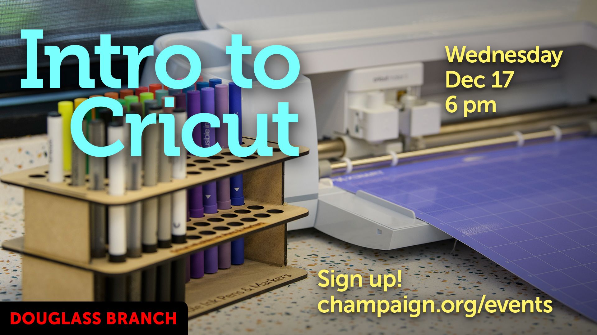 colorful makerspace with event information text