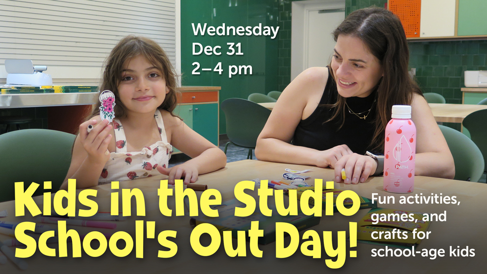 girl with her mother smiling a she holds up a craft she made, with event info text