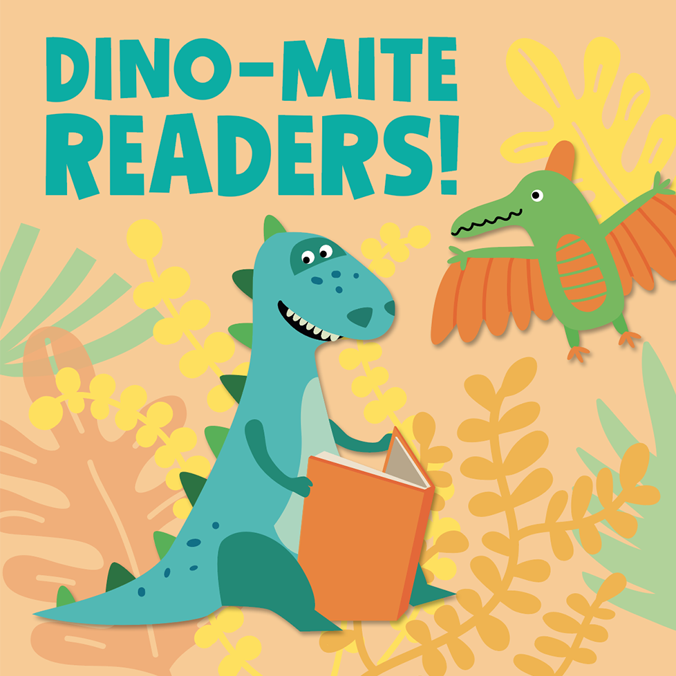 Colorful image with illustrated dinasaur reading a book