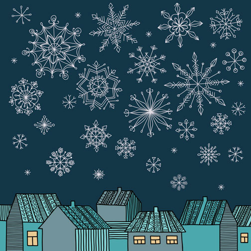 illustration of nighttime winter town with lots of snowflakes