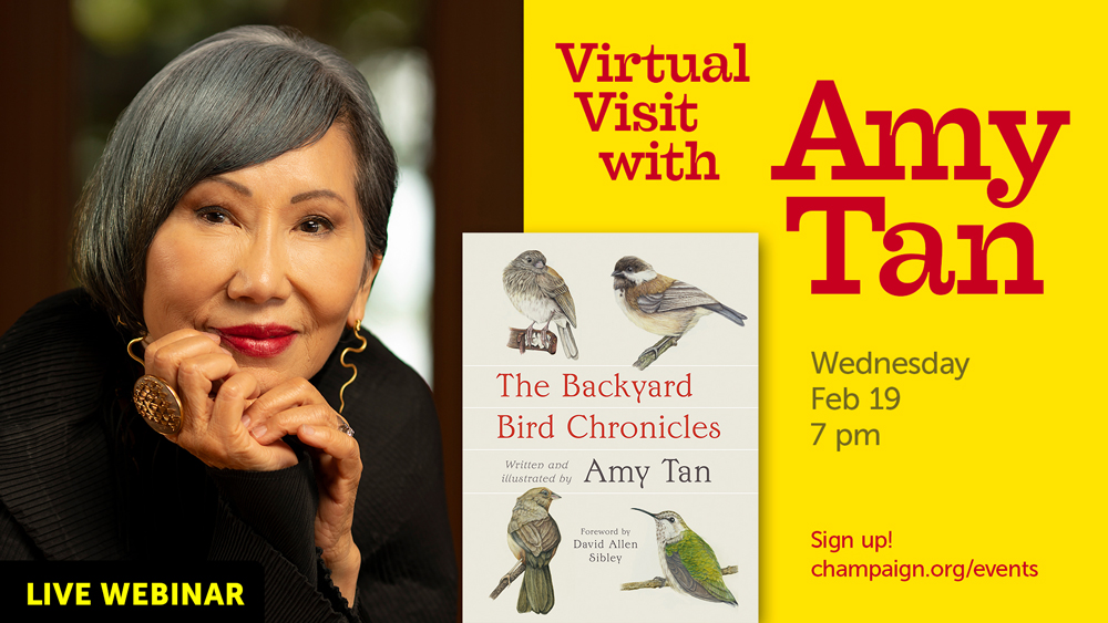 Amy Tan portrait, book covers, event info