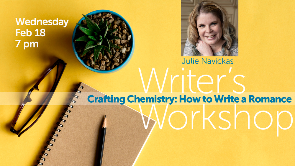 notebook, pencil, glasses, and a plant on yellow background, presenter portrait plus event information text