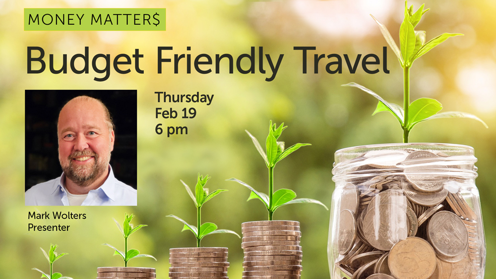coins with growing plants background, smiling presenter photo, event text info