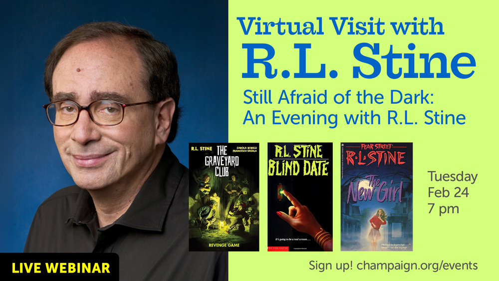 portrait of smiling man with book covers and event info