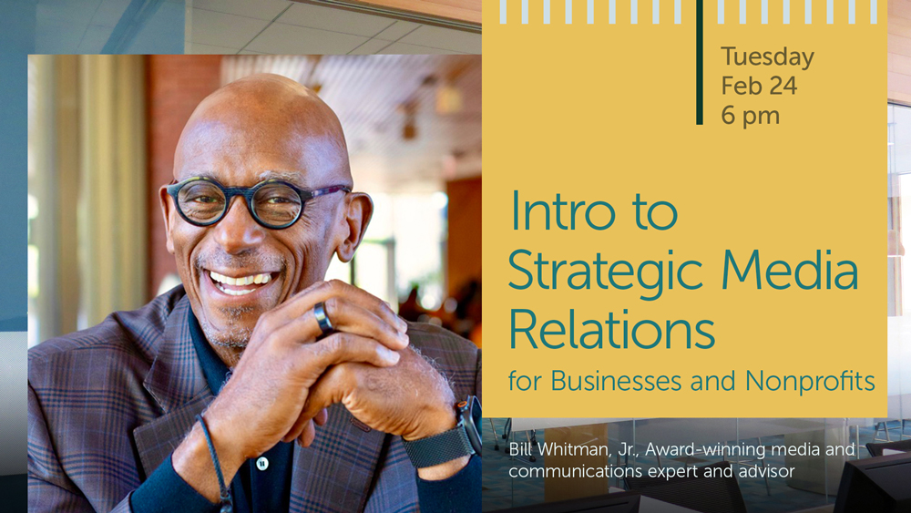 presenter portrait, man smiling plus event information text