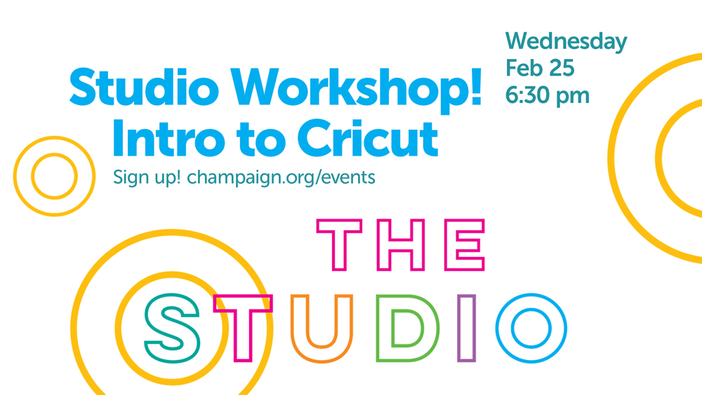 event text with The Studio logo, colorful lettering on white background with yellow decorative circles