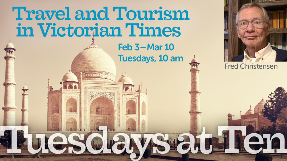 old photo of the Taj Mahal with event text and inset portrait of the presenter