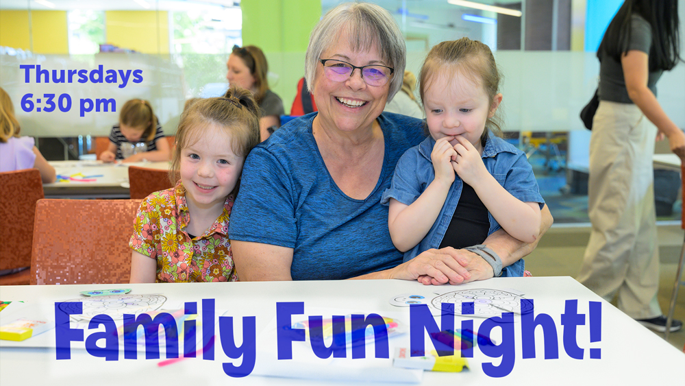 mother with two young children smiling, with event text info