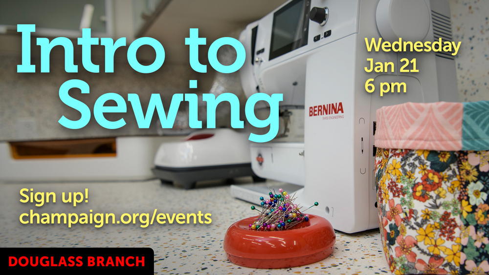 colorful makerspace with sewing maching with event information text