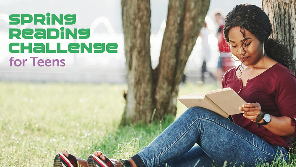 teen girl reading a book outside with text 