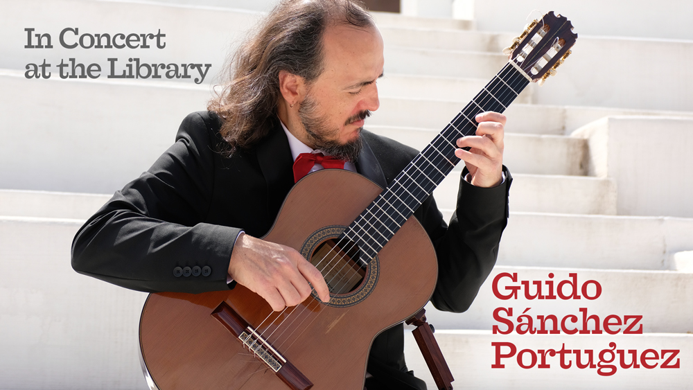 A man playing classical guitar with event info
