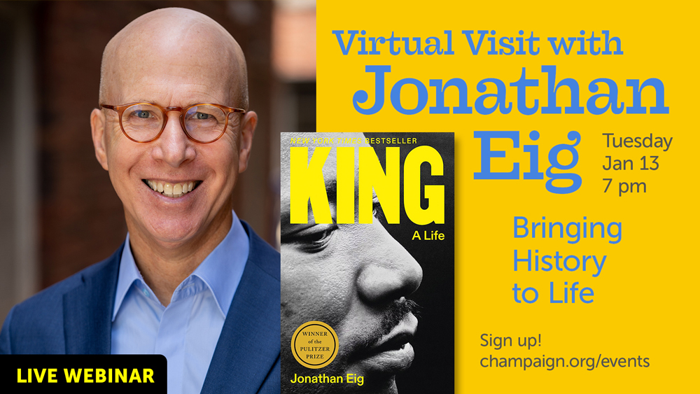 portrait of smiling man with book cover and event info