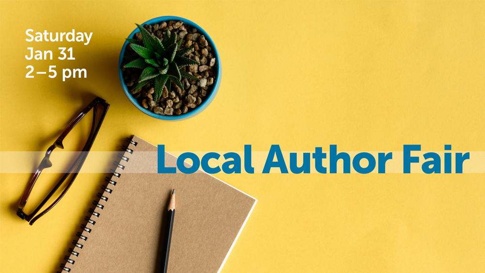 notebook, pencil, glasses, and plant on yellow background from above, with event text info