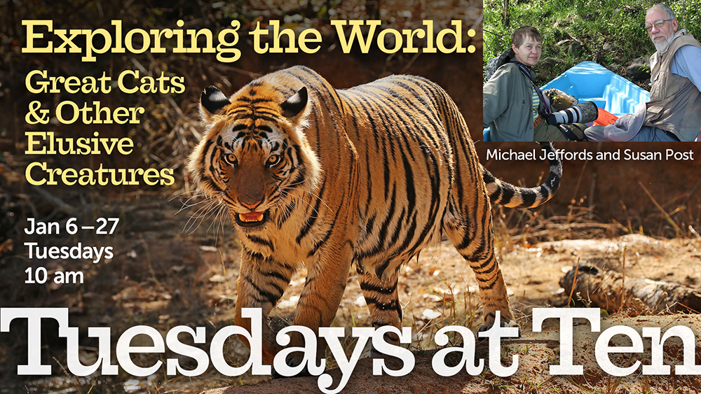 large tiger with inset portrait of event presenters, along with event text info