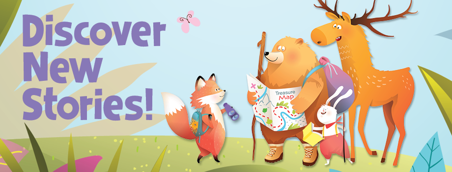 whimsical scene of illustrated colorful forest animals smiling and on a hike