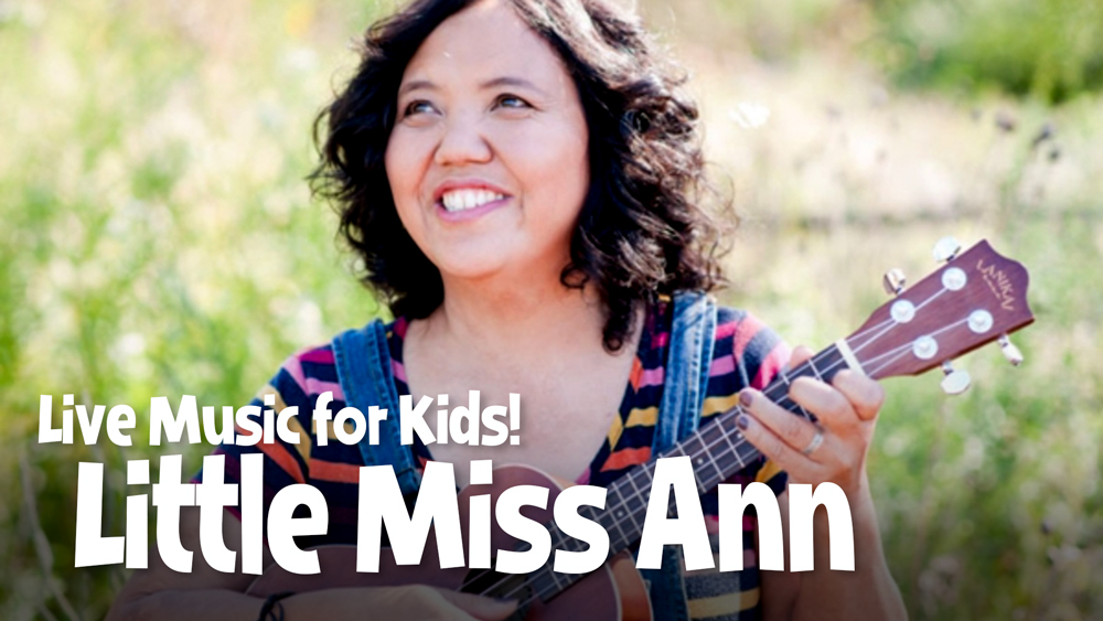 smiling woman playing ukulele with event info text