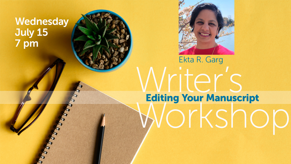 notebook, pencil, glasses, and a plant on yellow background, presenter portrait plus event information text
