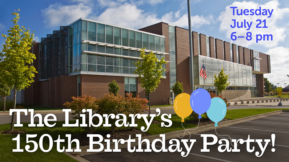photo of Champaign Public Library with small illustrated balloons and event info text