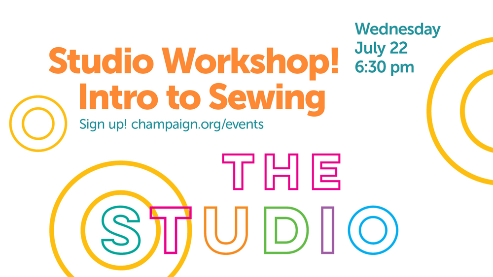 event text with The Studio logo, colorful lettering on white background with yellow decorative circles