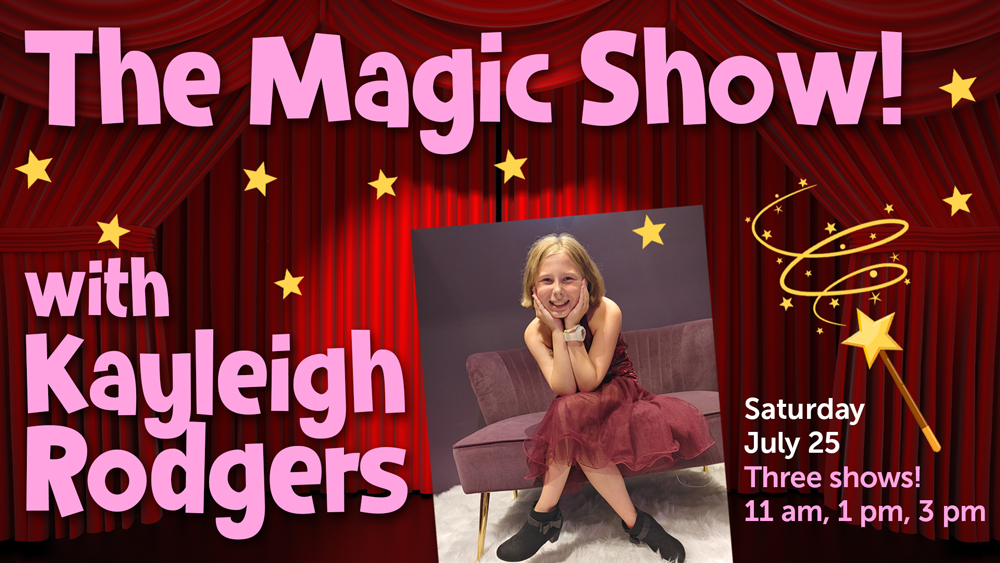 smiling girl magician inset against red curtain illustration with stars and wand, with event info text