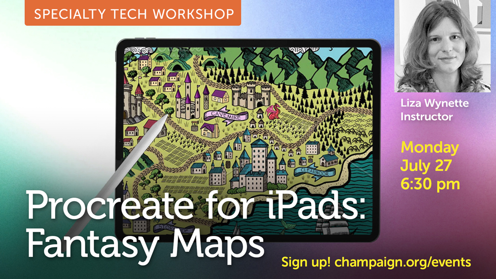 a tablet with a fantasy map and digital pen, with instructor portrait inset and event info text