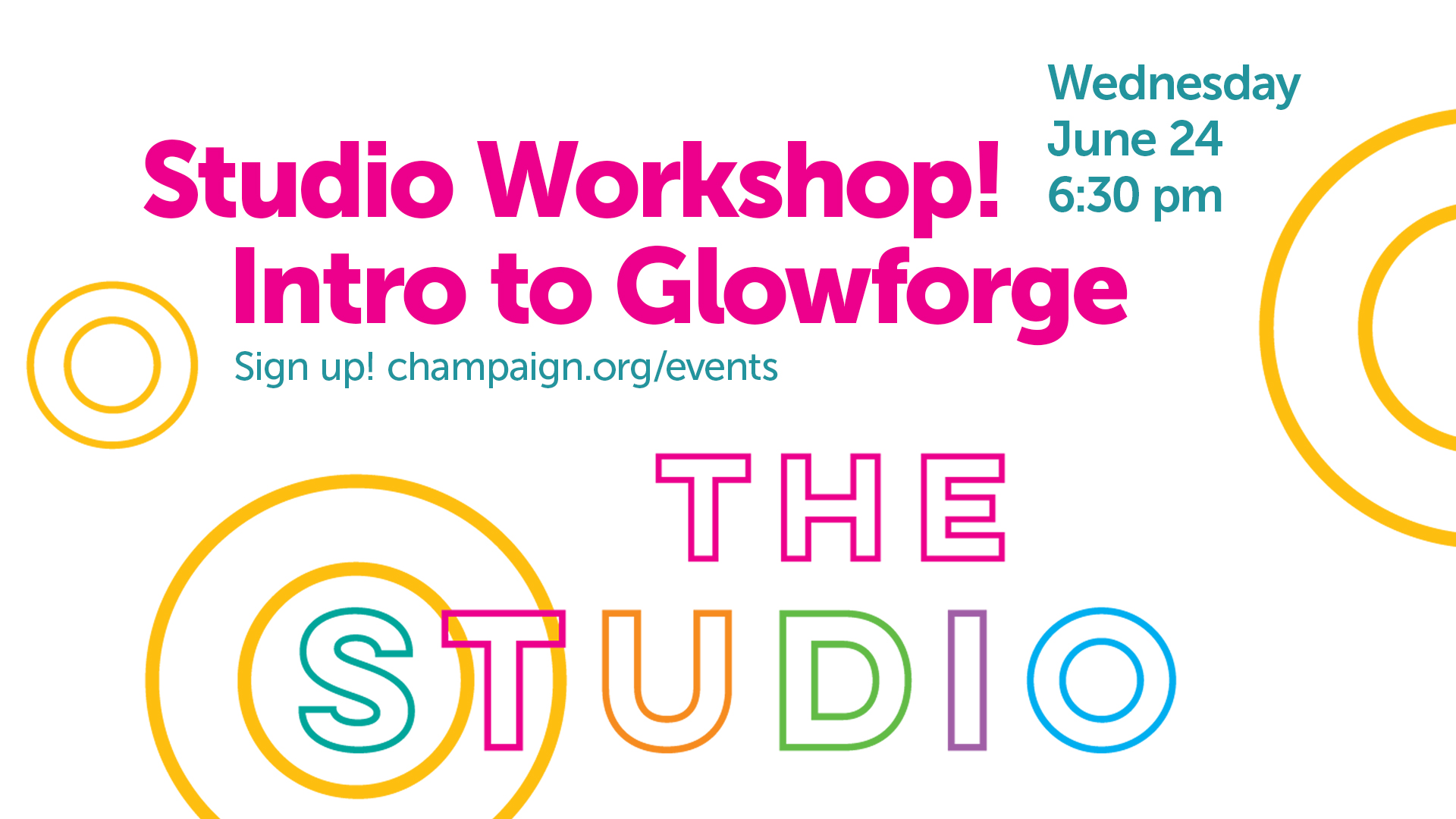 event text with The Studio logo, colorful lettering on white background with yellow decorative circles