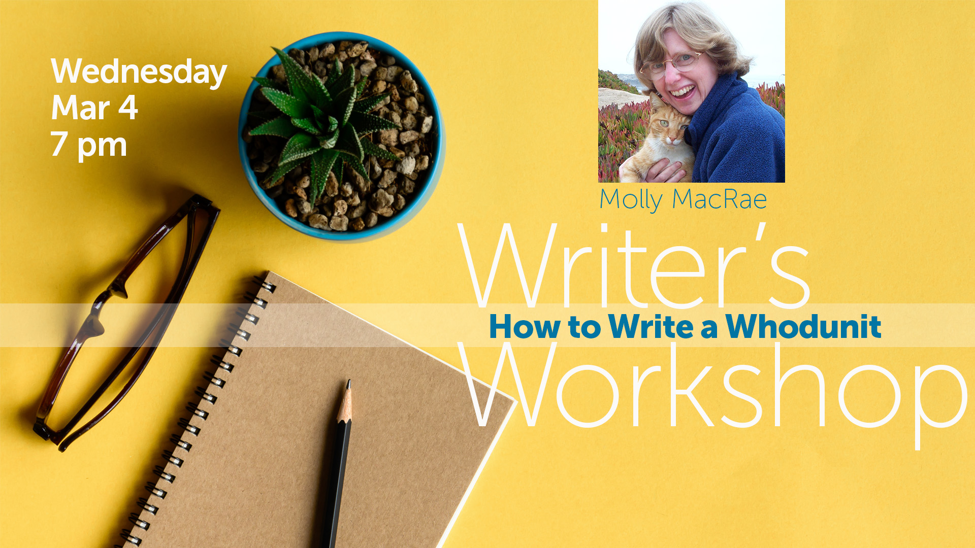 notebook, pencil, glasses, and a plant on yellow background, presenter portrait plus event information text