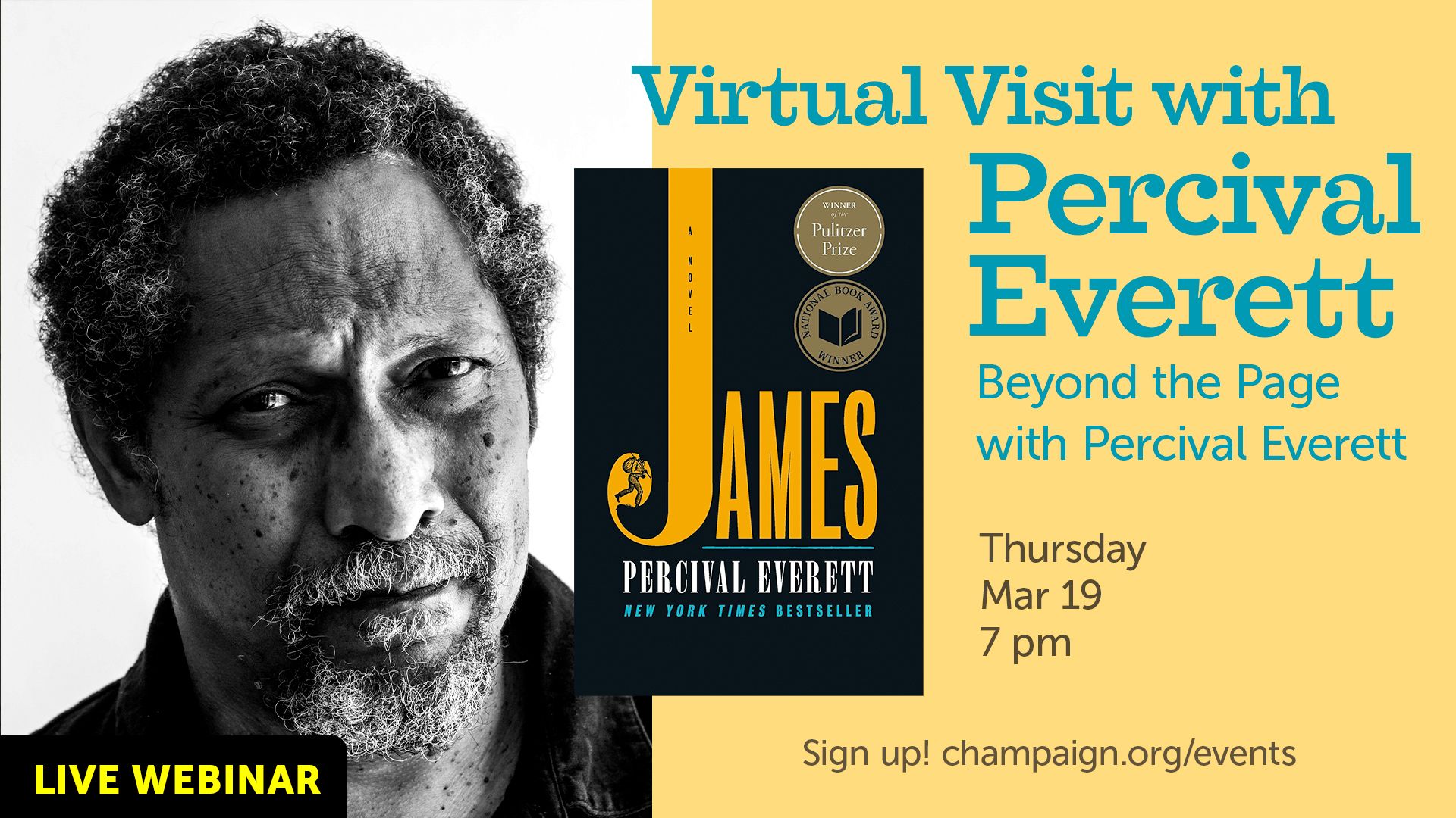 portrait of smiling man with book covers and event info