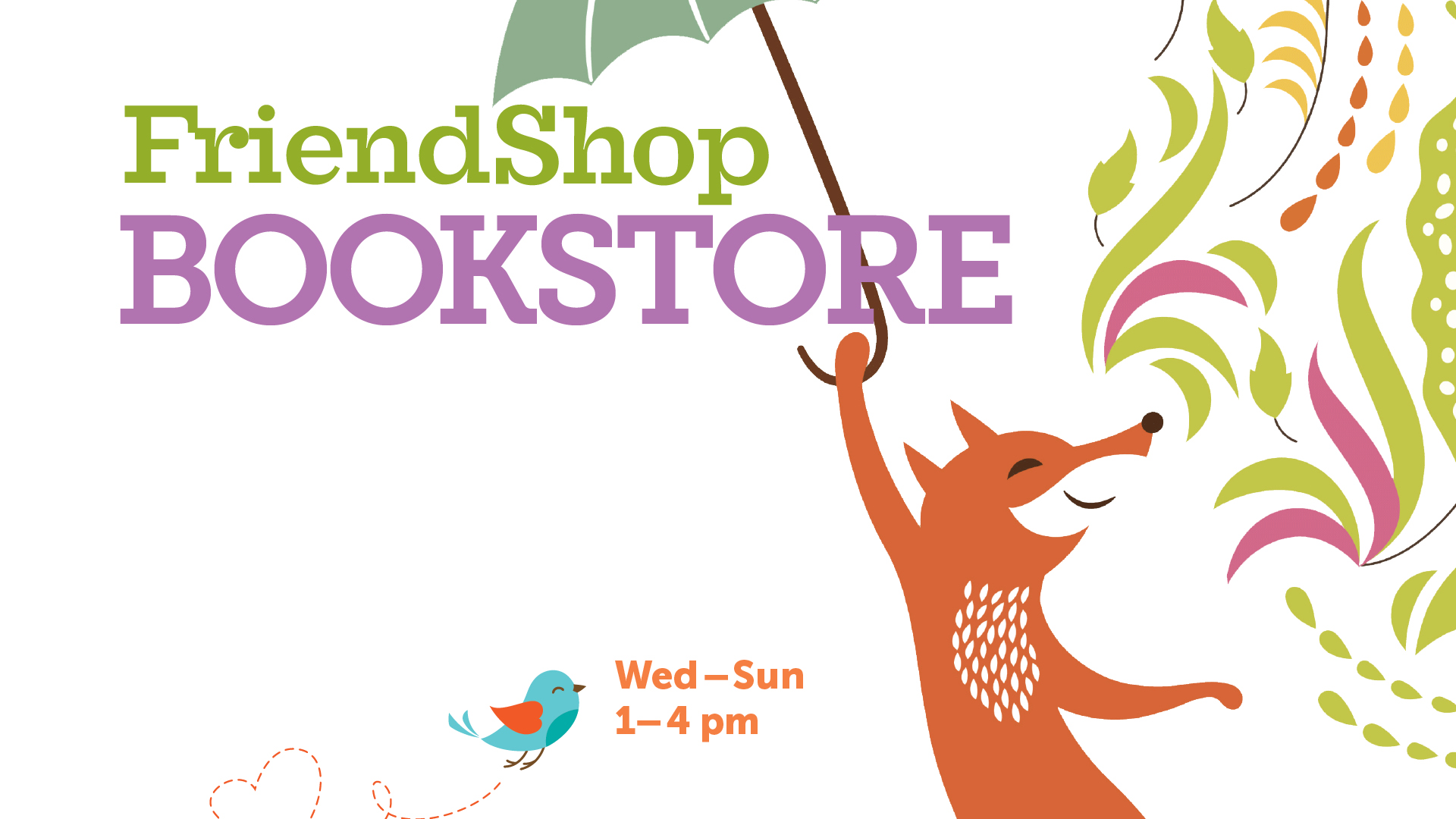 illustration of fox character with FriendShop Bookstore and hours in text
