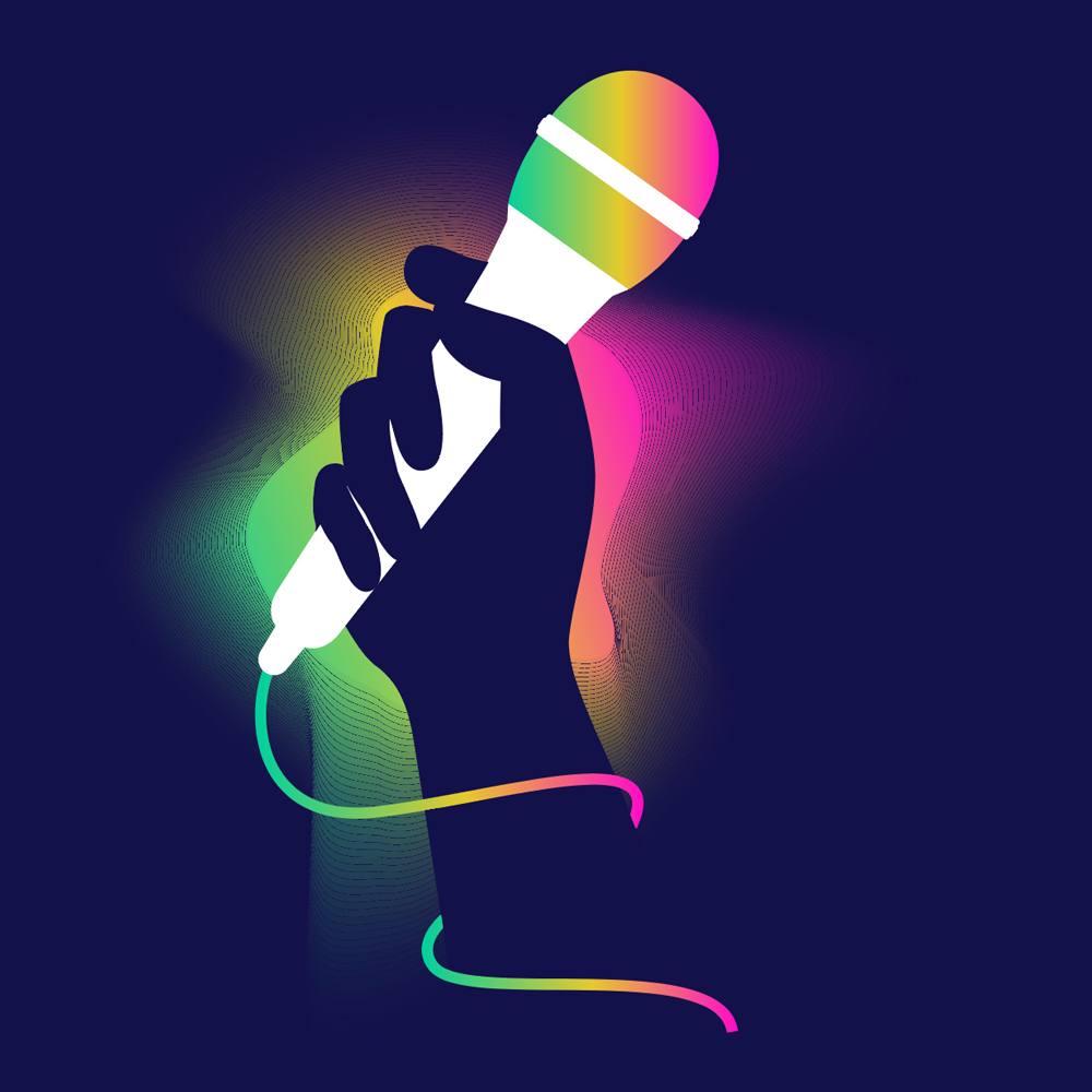 illustration of hand holding colorful microphone with dark purple background