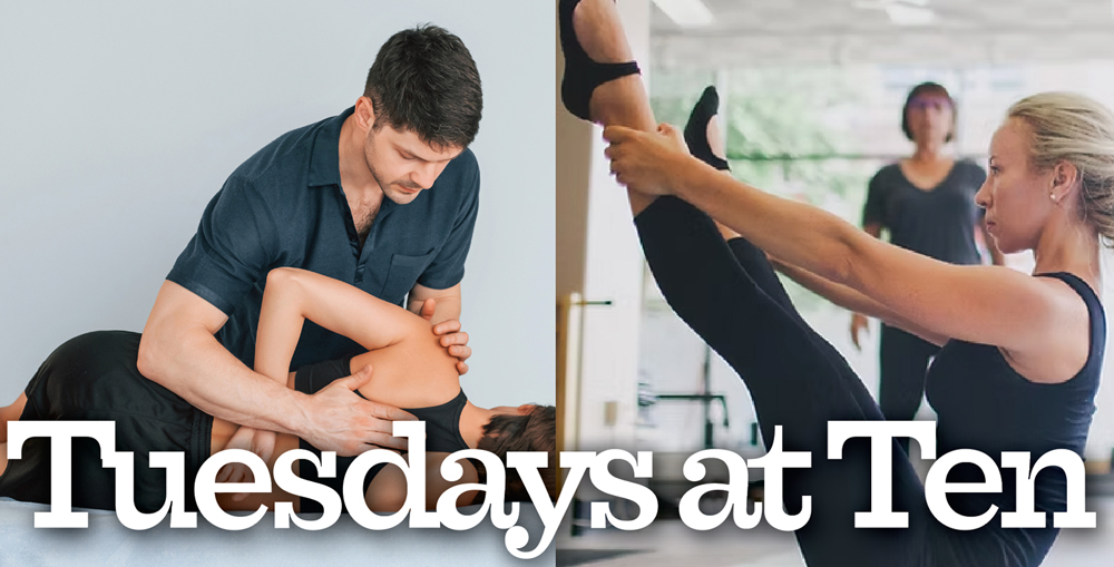 image of massage therapy next to image of pilates with event text