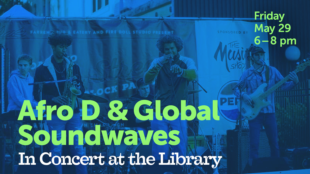 jazz/funk band performing with blue overlay, plus event info text